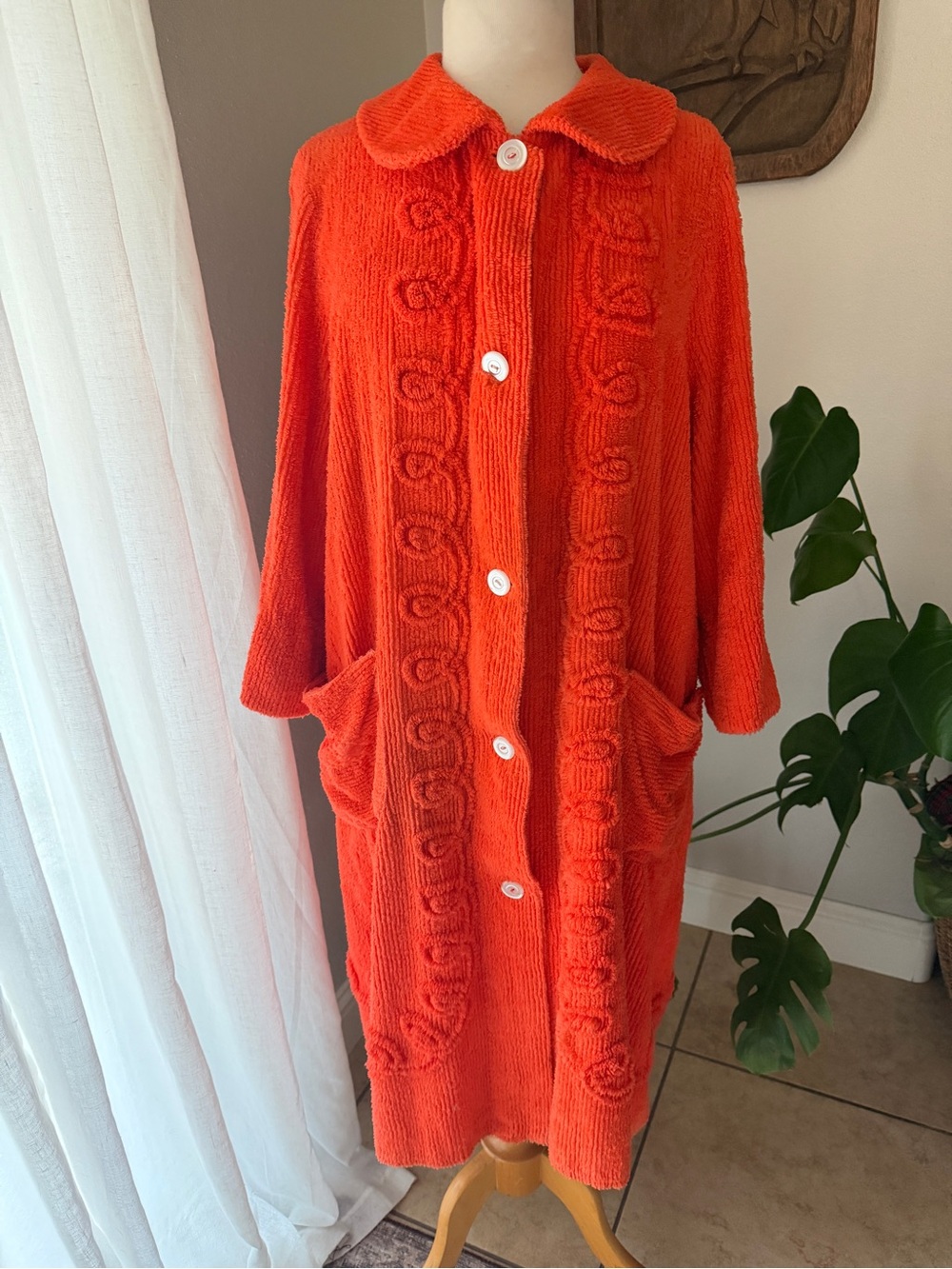 Vintage Roaman’s Orange Chenille Housecoat Robe S/M 100% Cotton Button Front